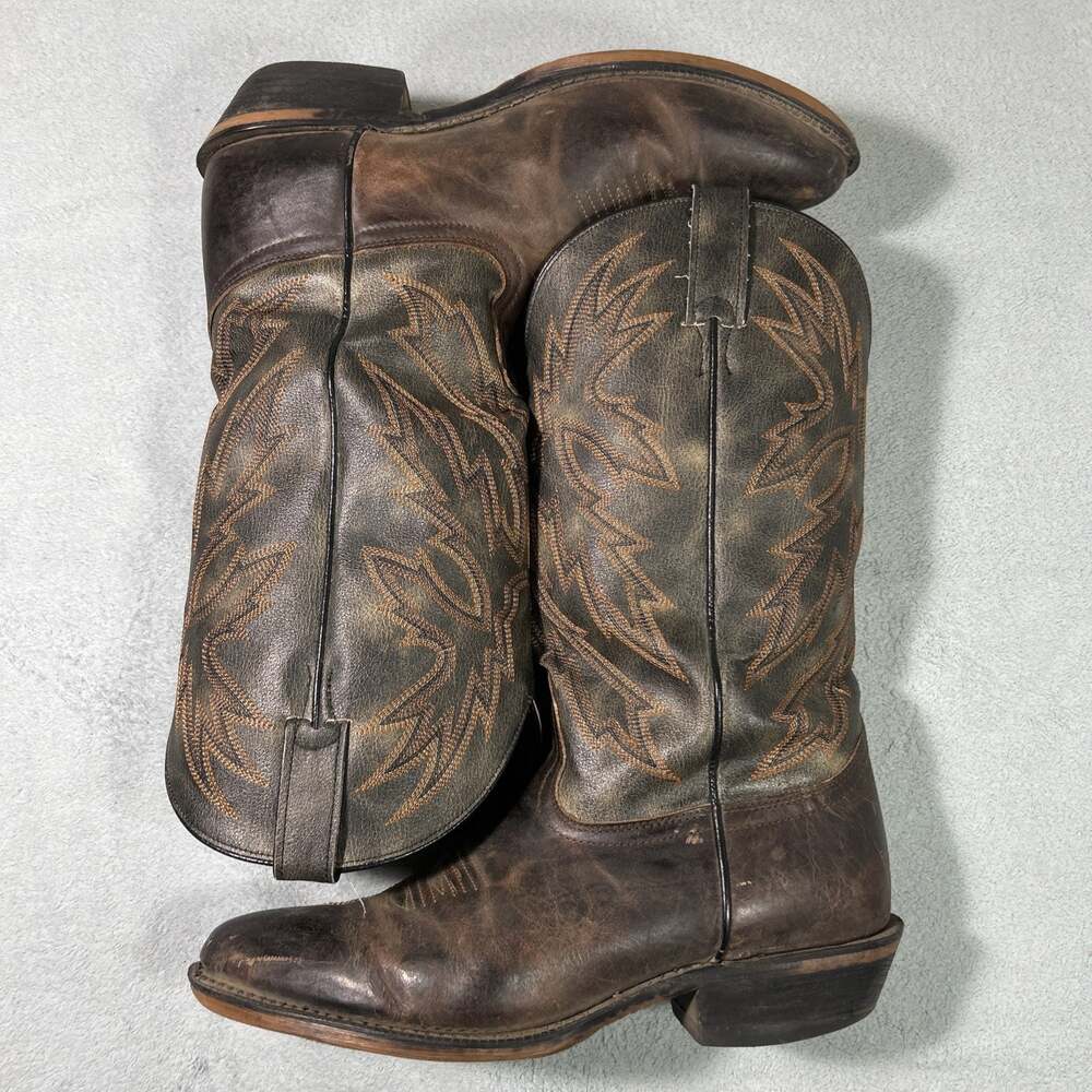 Vintage Nocona Western Cowboy Cowhide Pull Boots Mens 10 D Leather Flame Stitch